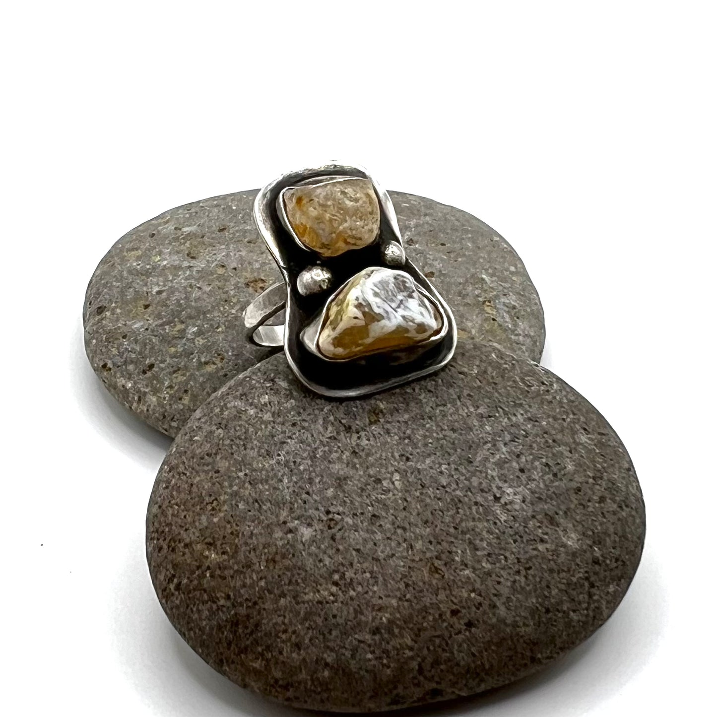 Sterling Silver Oxidized 2-Stone Oregon Coast Agate Ring - Size 7