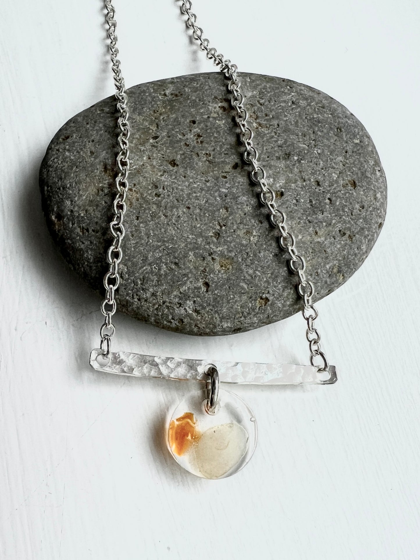 Oregon Agates in Resin with Recycled Sterling Silver Bar Pendant Necklace