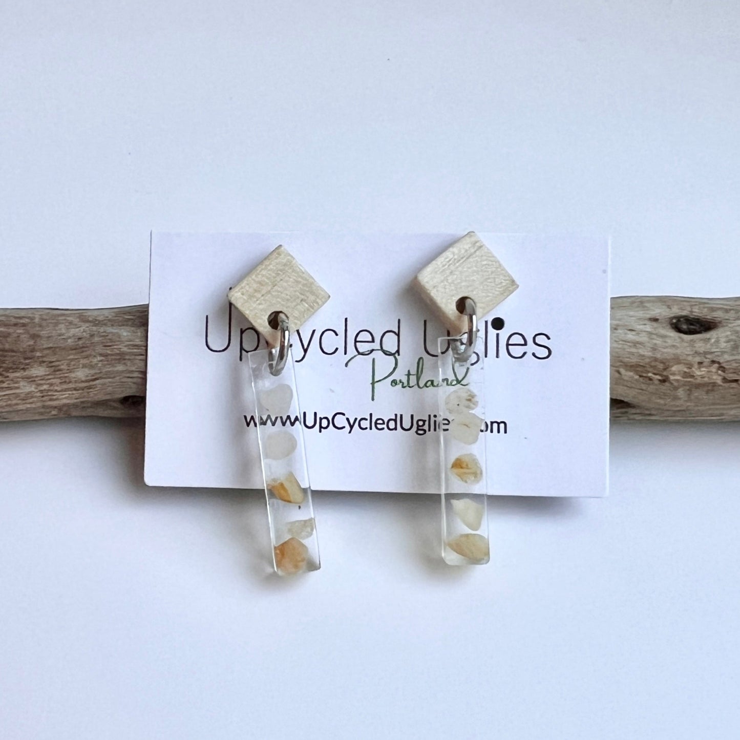 Oregon Coast Agate in Resin with Diamond Light Wood Stud Earrings