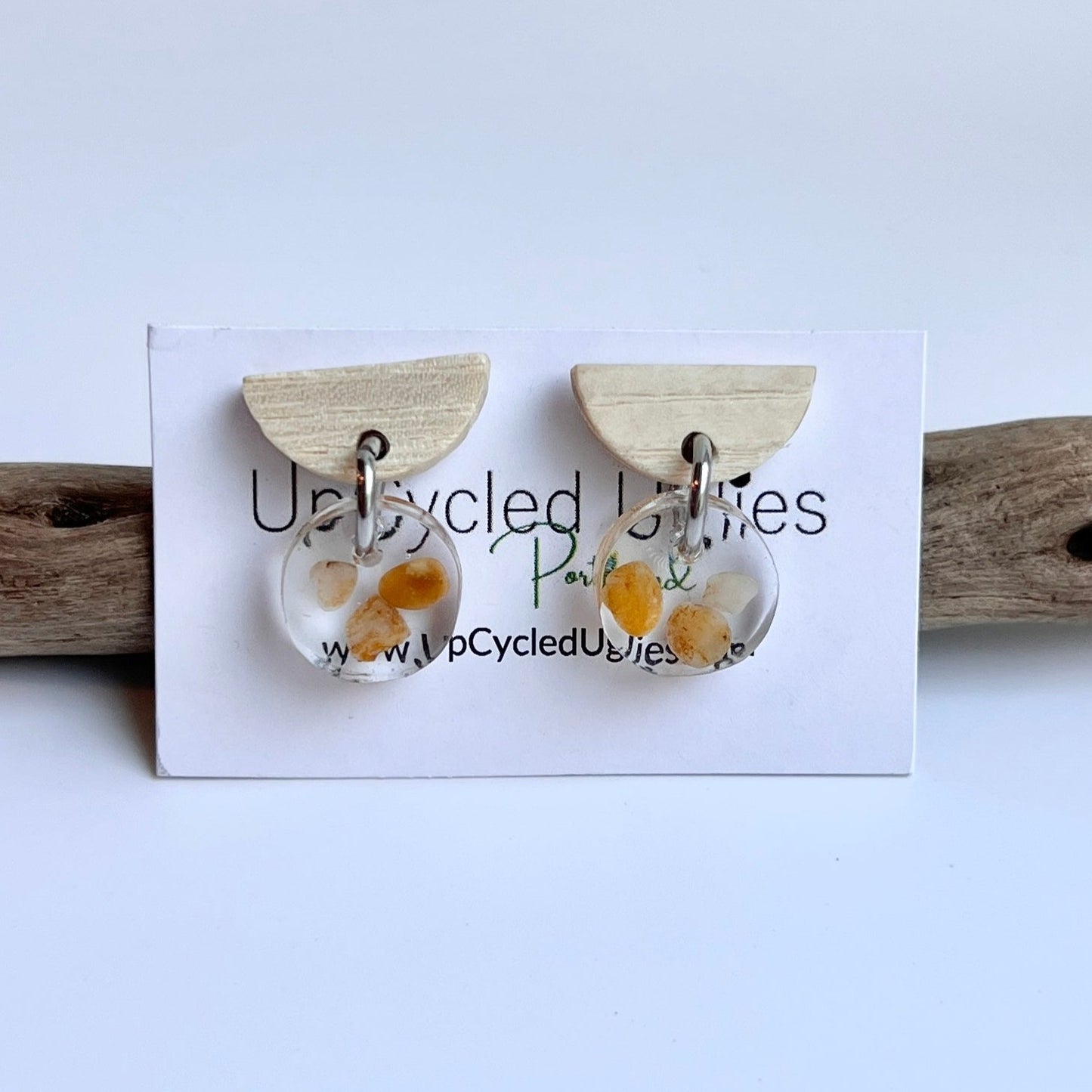 Oregon Coast Agate in Resin with Half-Round Light Wood Stud Earrings