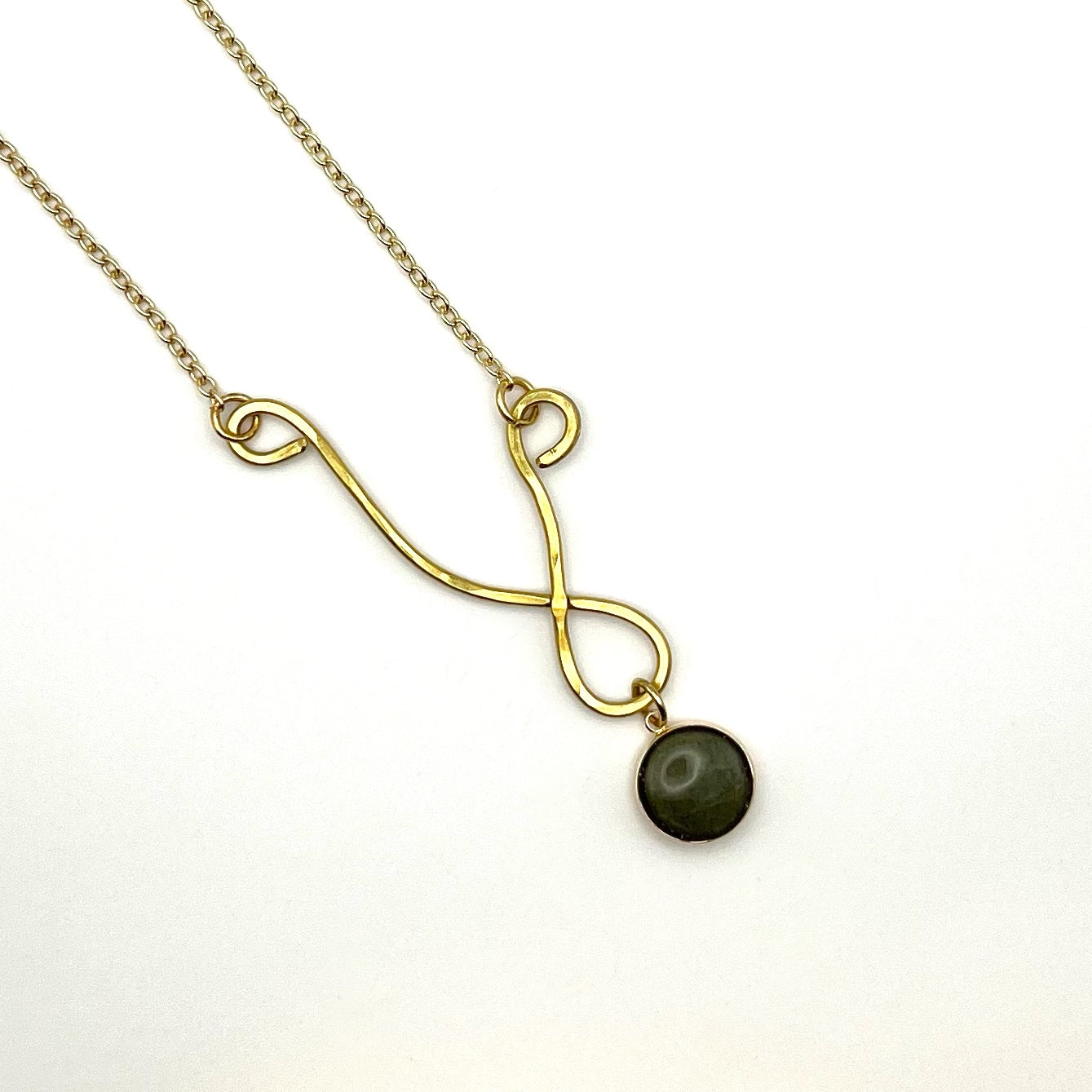 "Circles in the Sand" Oregon Coast Green Jasper Brass Long Swirl Resin Pendant Necklace - 24"