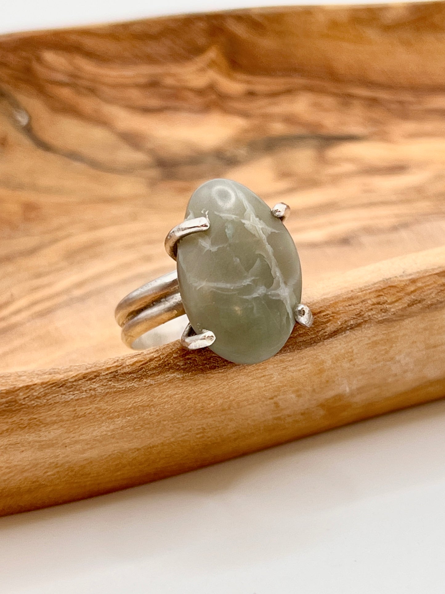 Sterling Silver Prong Ring with Northern California Jade - Size 7