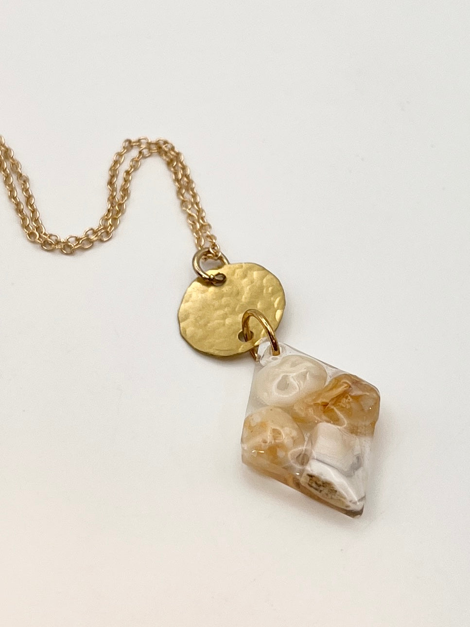 Oregon Coast Agate & Shell in Resin Diamond with Hammered Brass Pendant Necklace