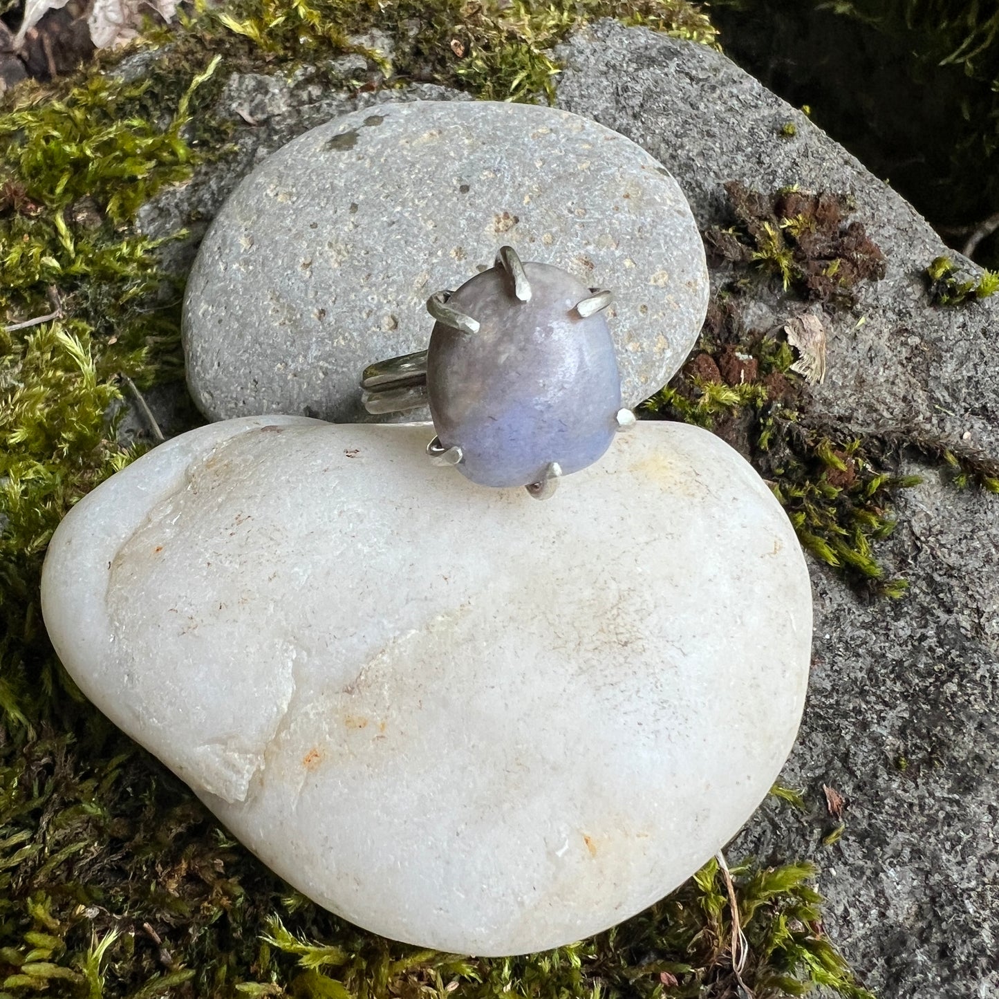 Sterling Silver Prong Ring with Oregon Blue Chalcedony - Size 8.