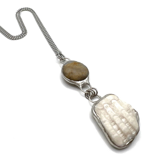 Tiffany Soldered 2-drop Oregon Coast Quartz & Shell Fossil Pendant Necklace - 20"