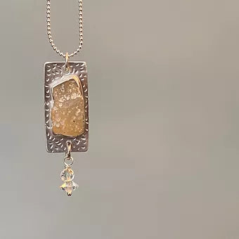 Sterling Silver Rectangle Pendant Necklace with Oregon Agate & Vintage Crystals