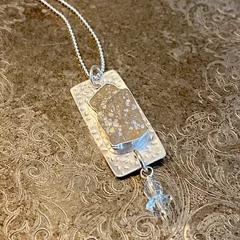 Sterling Silver Rectangle Pendant Necklace with Oregon Agate & Vintage Crystals