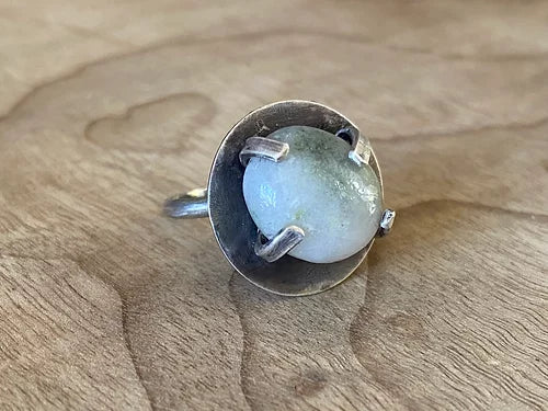 Sterling Silver Small Round Oregon Coast Agate Ring - Size 6.75