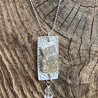 Sterling Silver Rectangle Pendant Necklace with Oregon Agate & Vintage Crystals