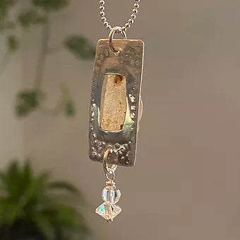 Sterling Silver Rectangle Pendant Necklace with Oregon Agate & Vintage Crystals