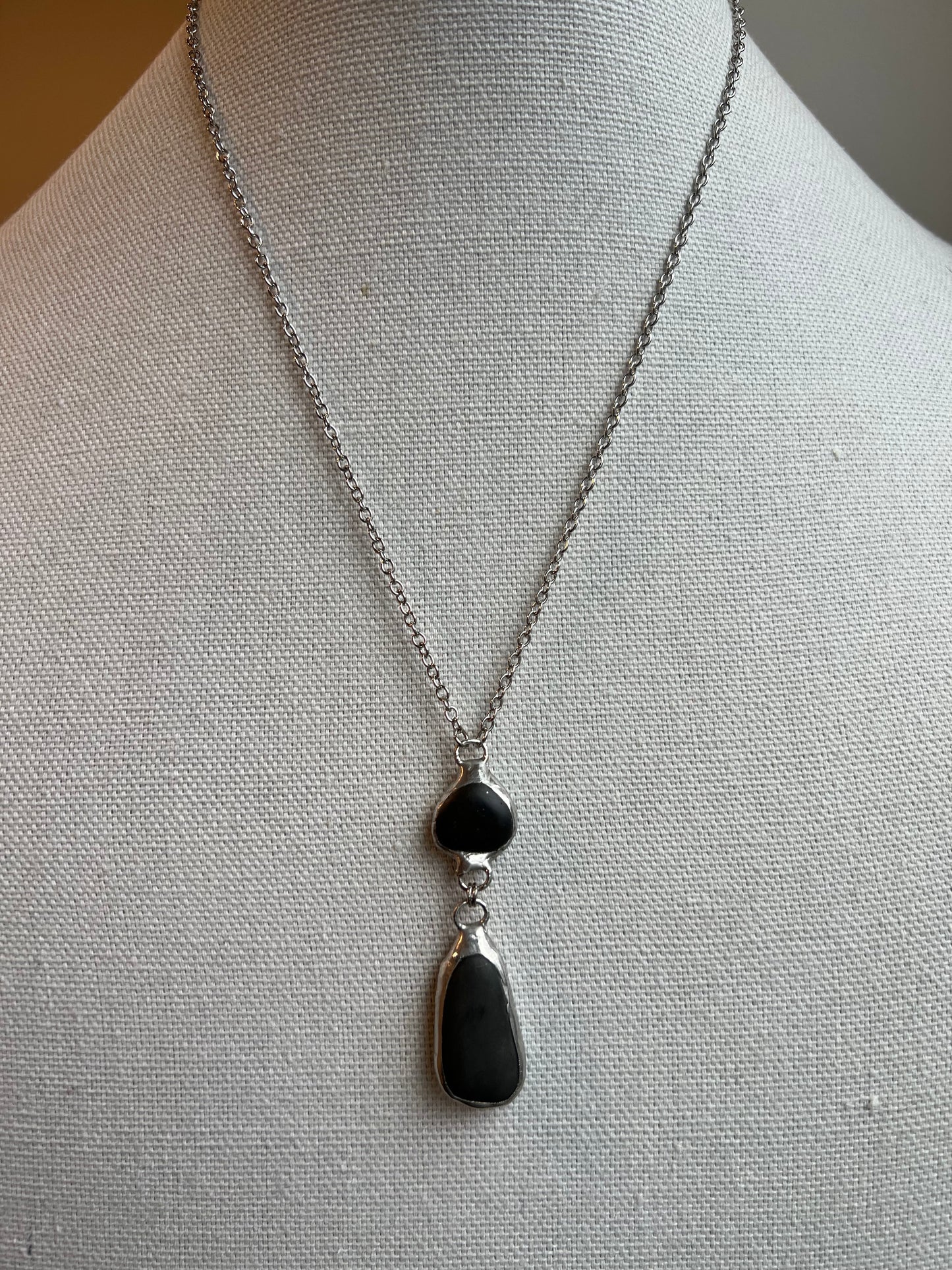 Tiffany Soldered 2-Stone Basalt Stone Pendant Necklace