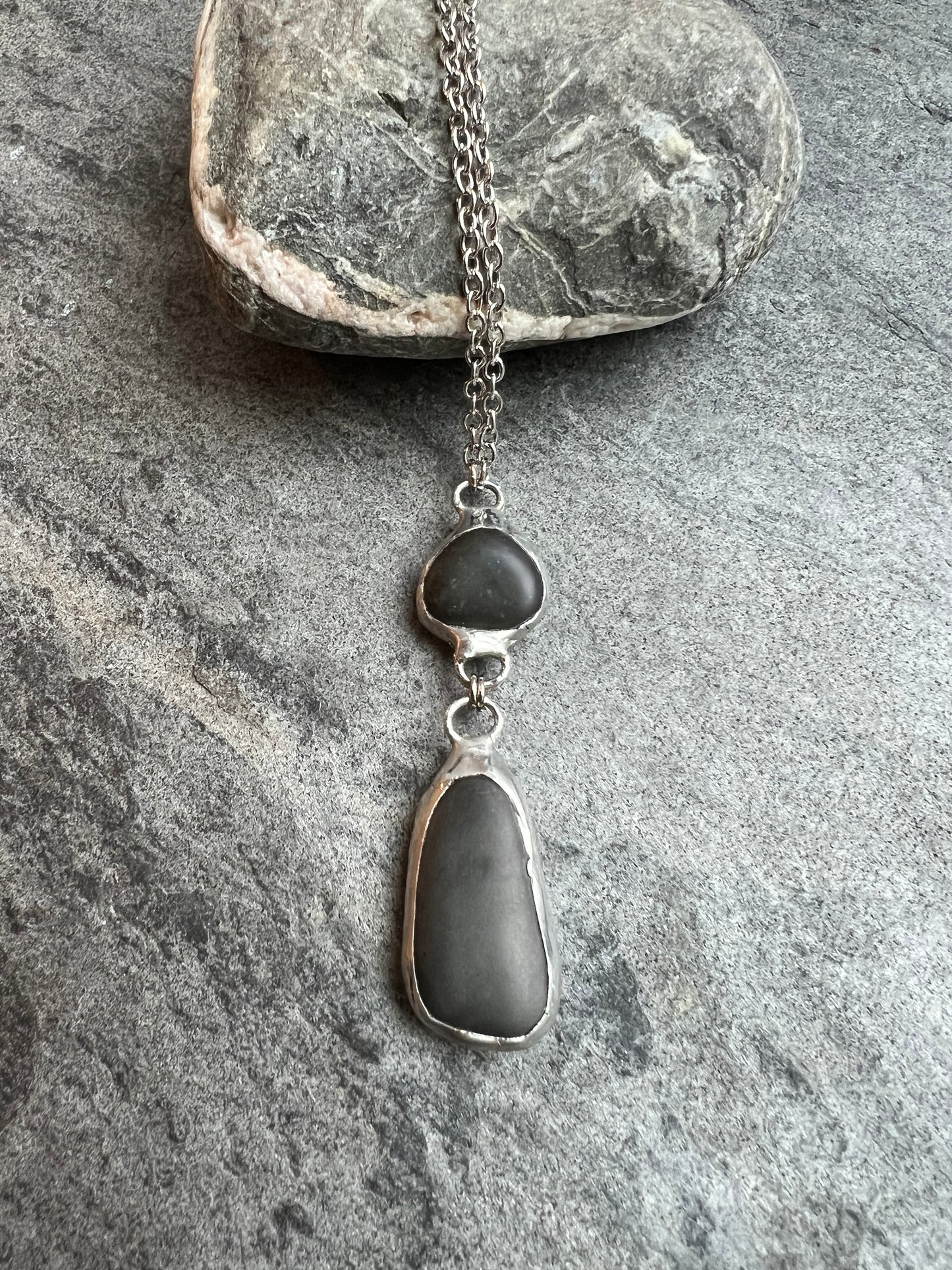 Tiffany Soldered 2-Stone Basalt Stone Pendant Necklace