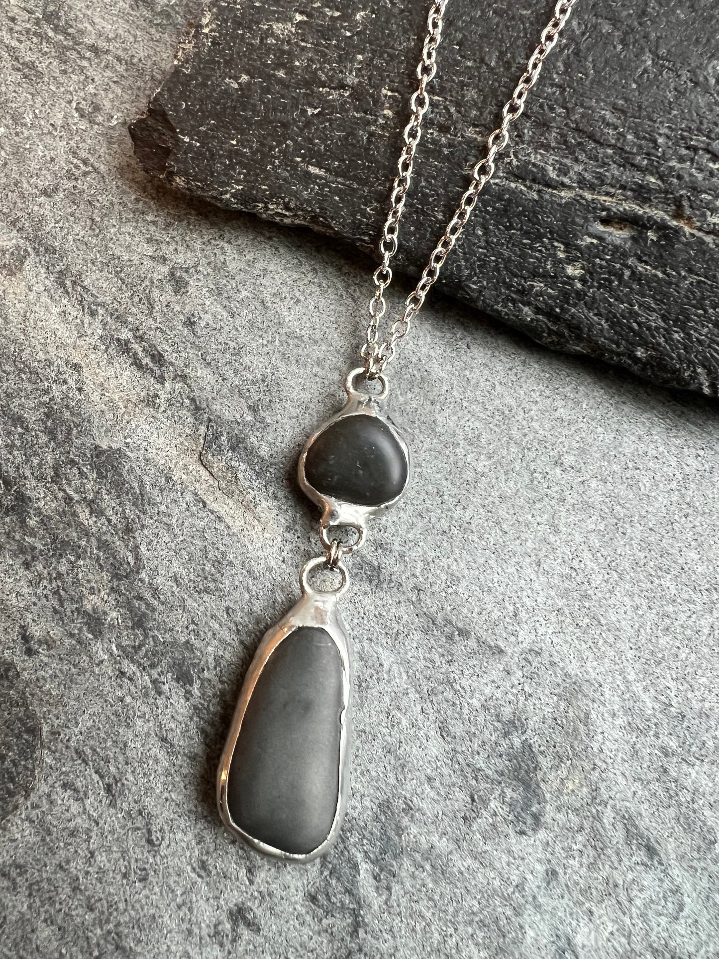 Tiffany Soldered 2-Stone Basalt Stone Pendant Necklace