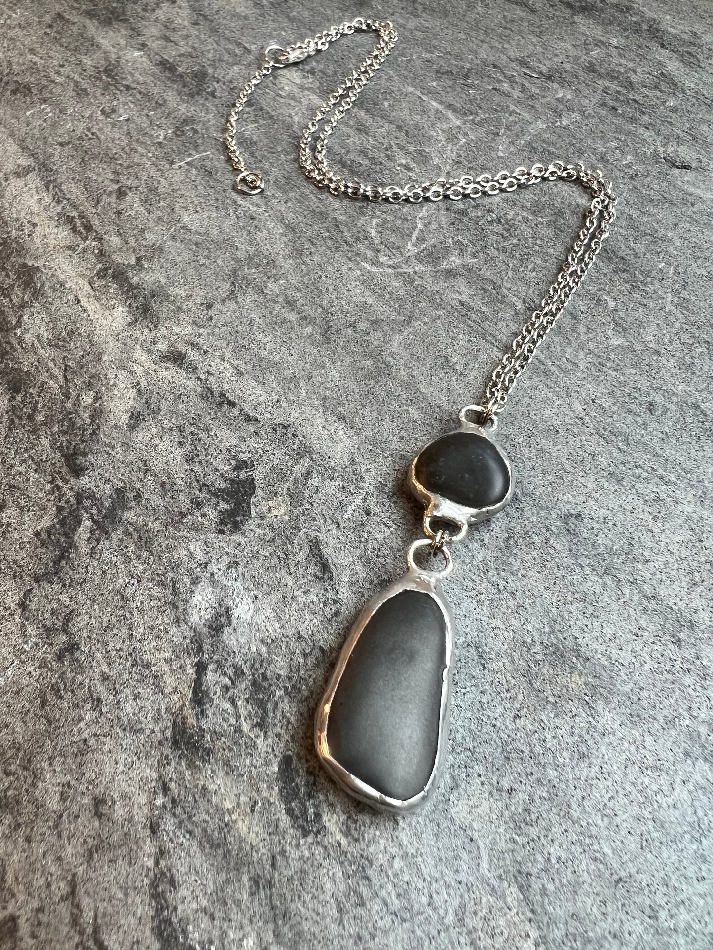 Tiffany Soldered 2-Stone Basalt Stone Pendant Necklace