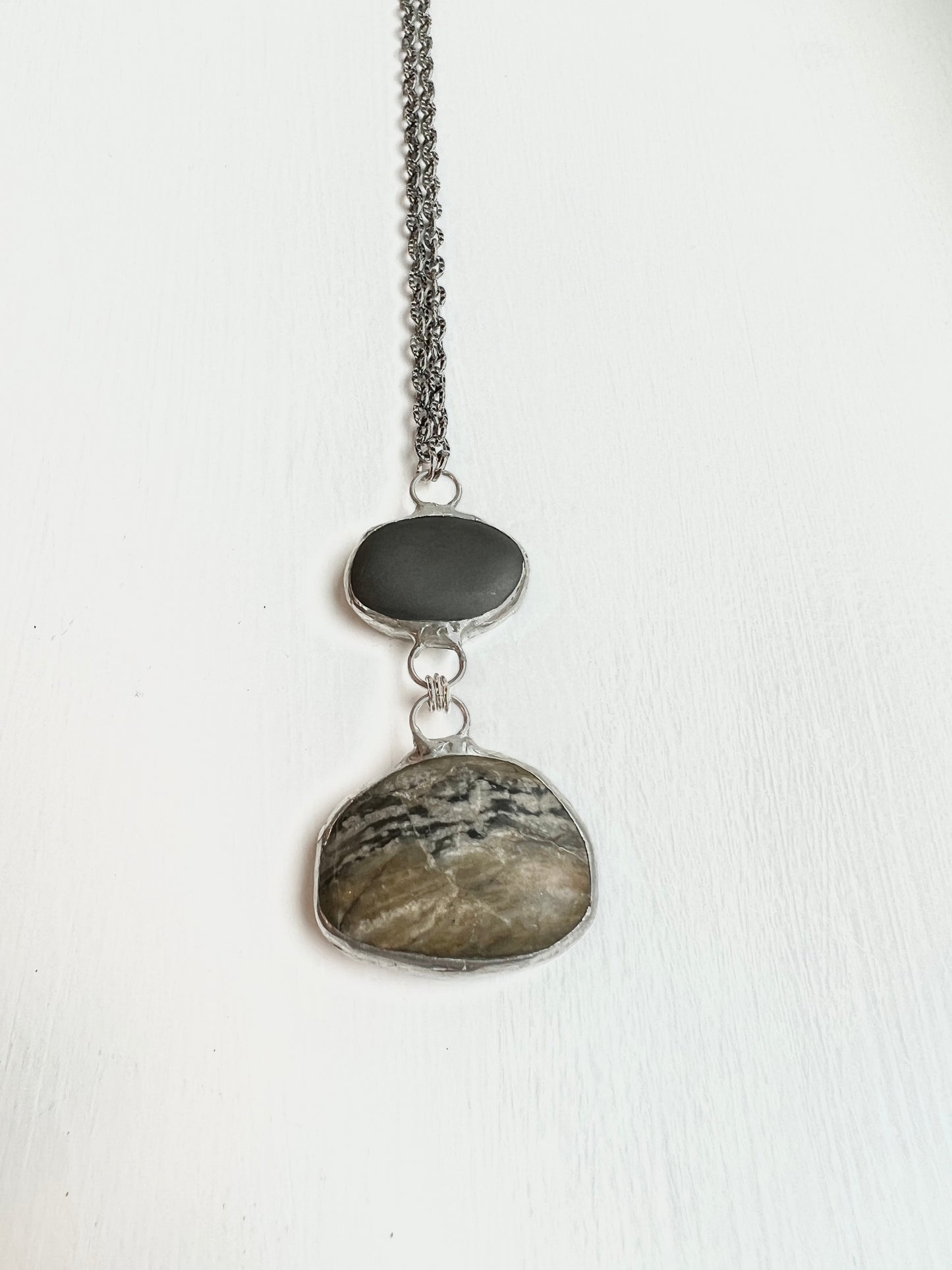 Tiffany Soldered 2-Stone Northern California Basalt & Picture Jasper Pendant Necklace