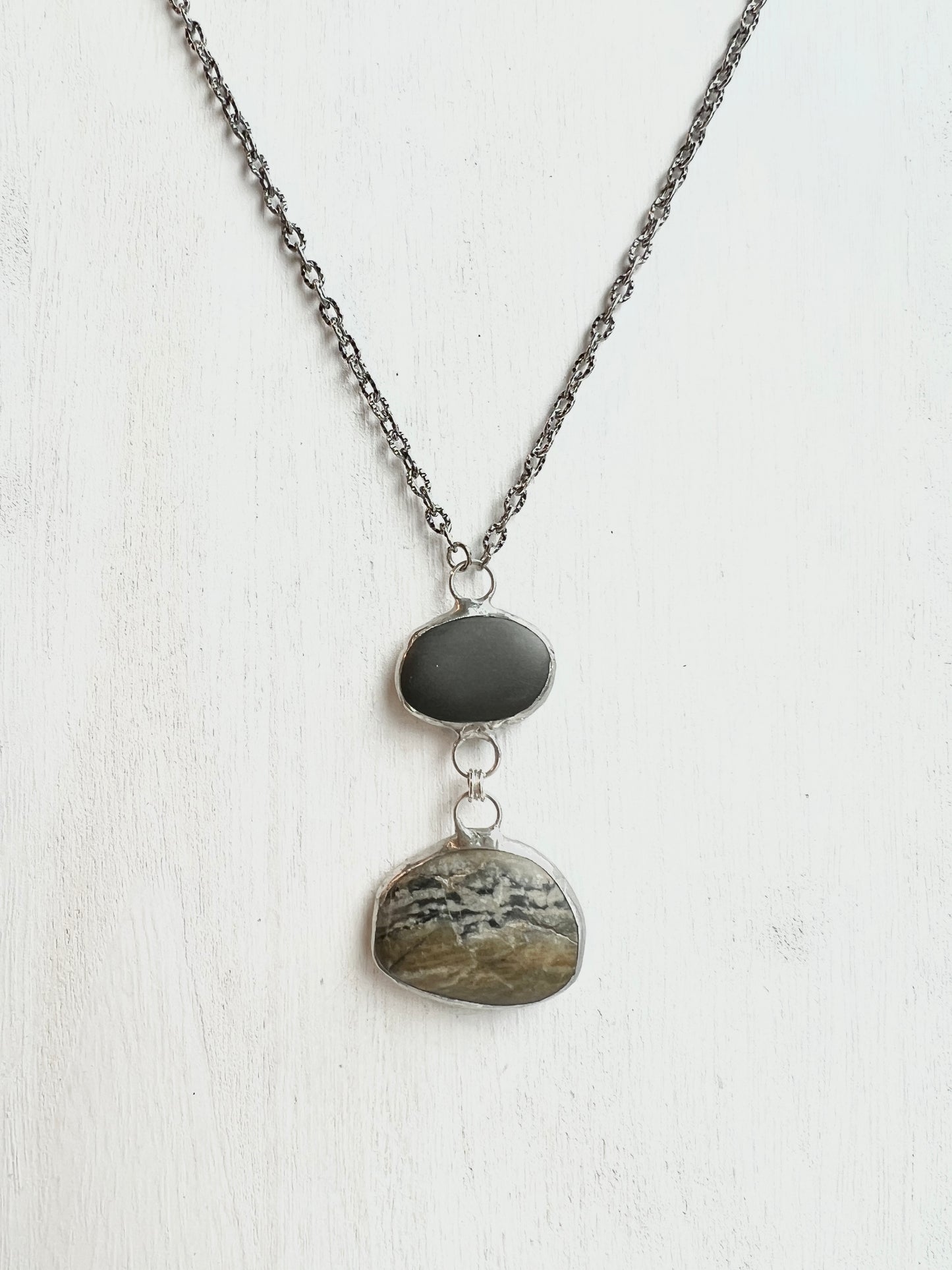 Tiffany Soldered 2-Stone Northern California Basalt & Picture Jasper Pendant Necklace