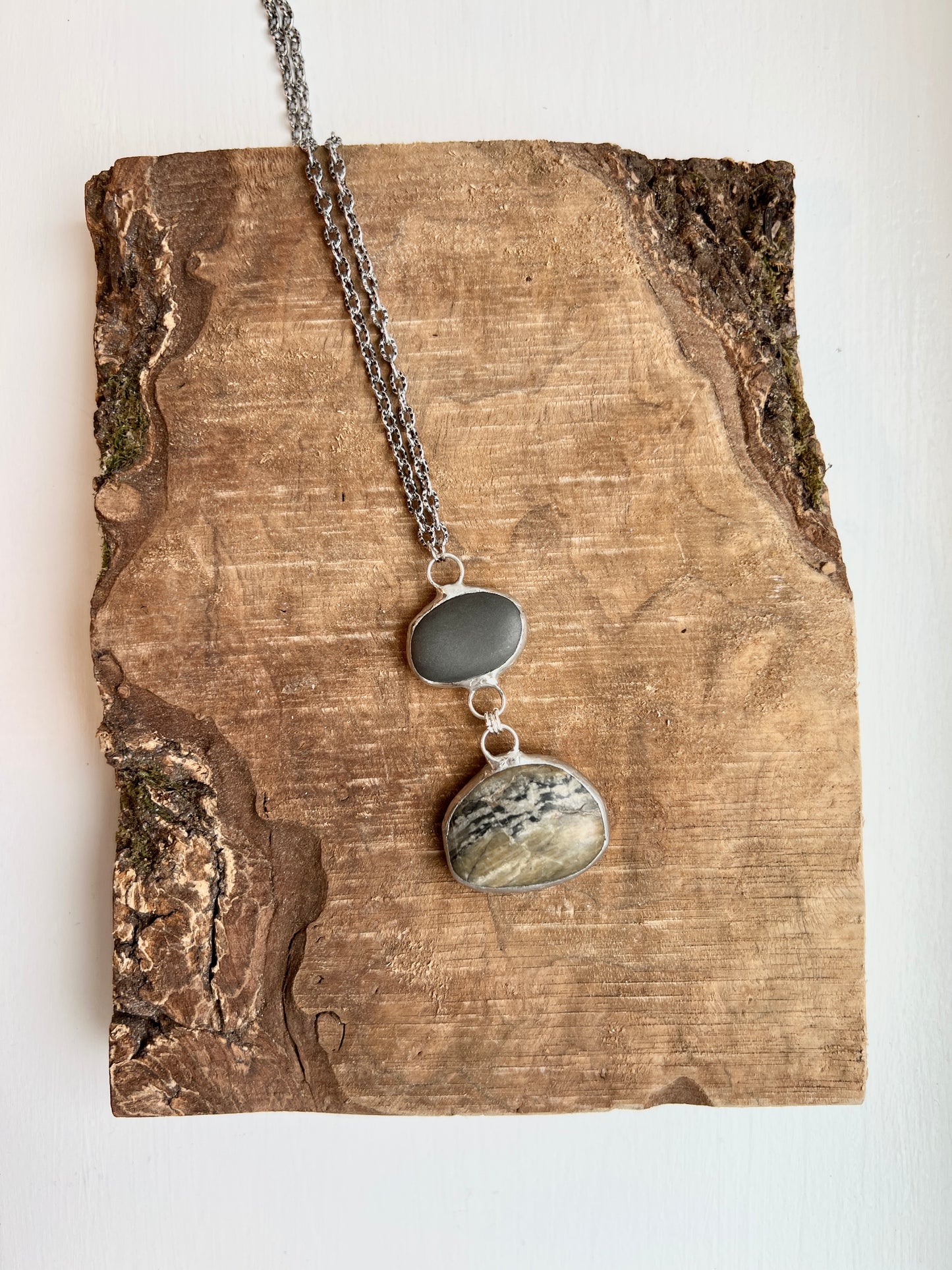 Tiffany Soldered 2-Stone Northern California Basalt & Picture Jasper Pendant Necklace