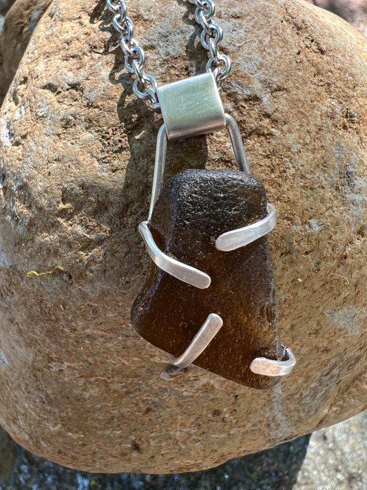 Sterling Silver Prong Pendant Necklace with Oregon Coast Root Beer Sea Glass