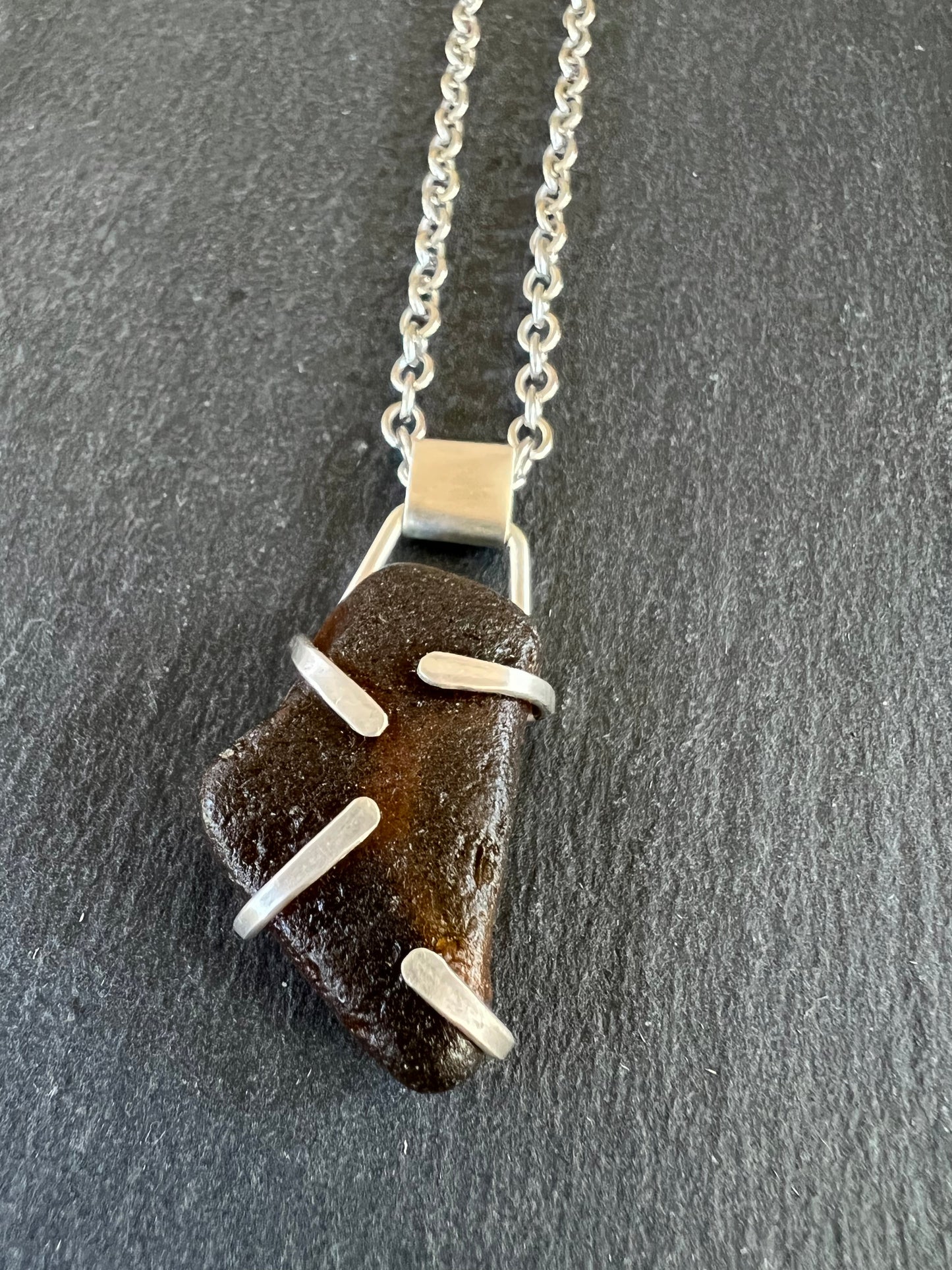 Sterling Silver Prong Pendant Necklace with Oregon Coast Root Beer Sea Glass