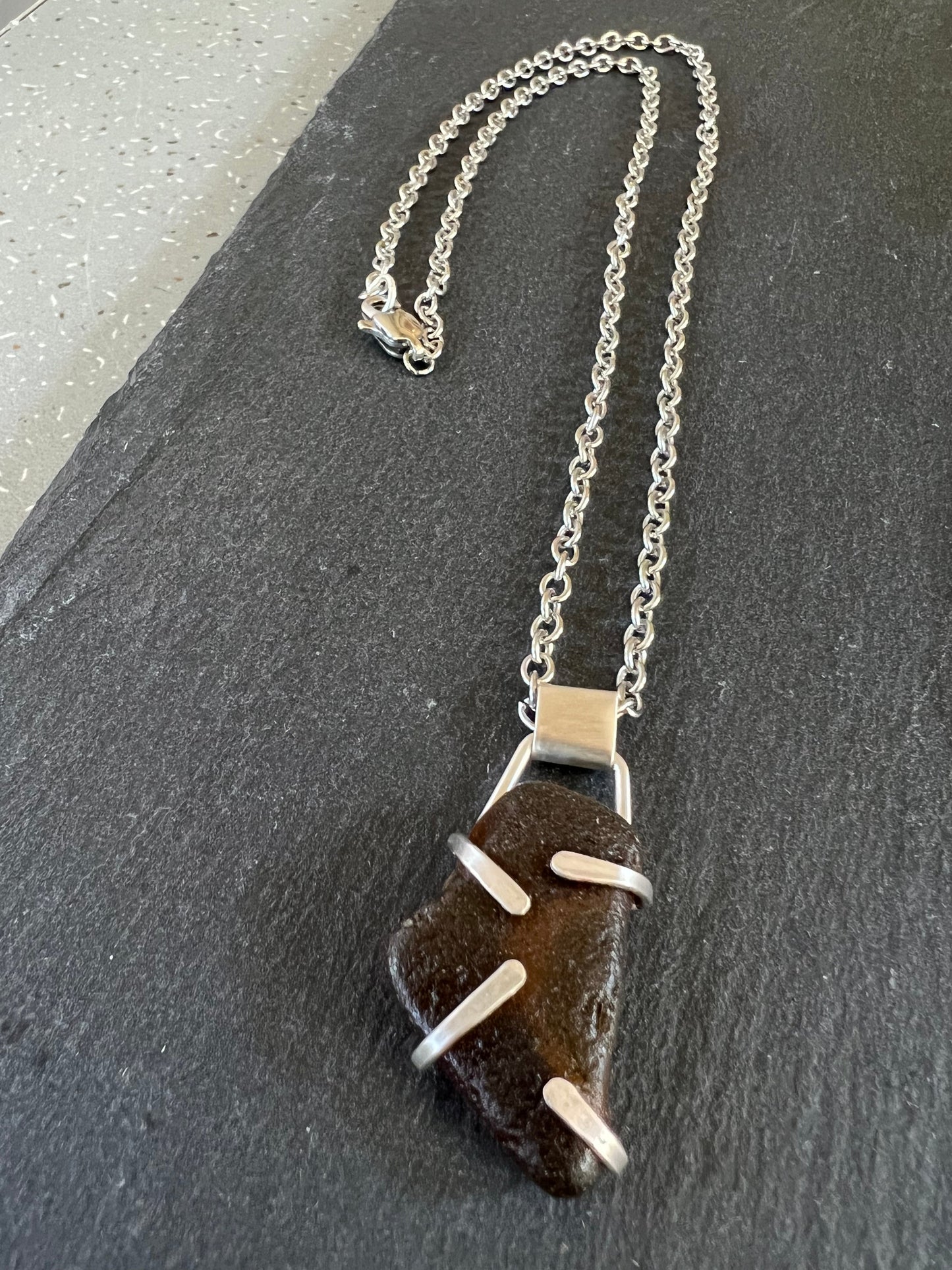 Sterling Silver Prong Pendant Necklace with Oregon Coast Root Beer Sea Glass