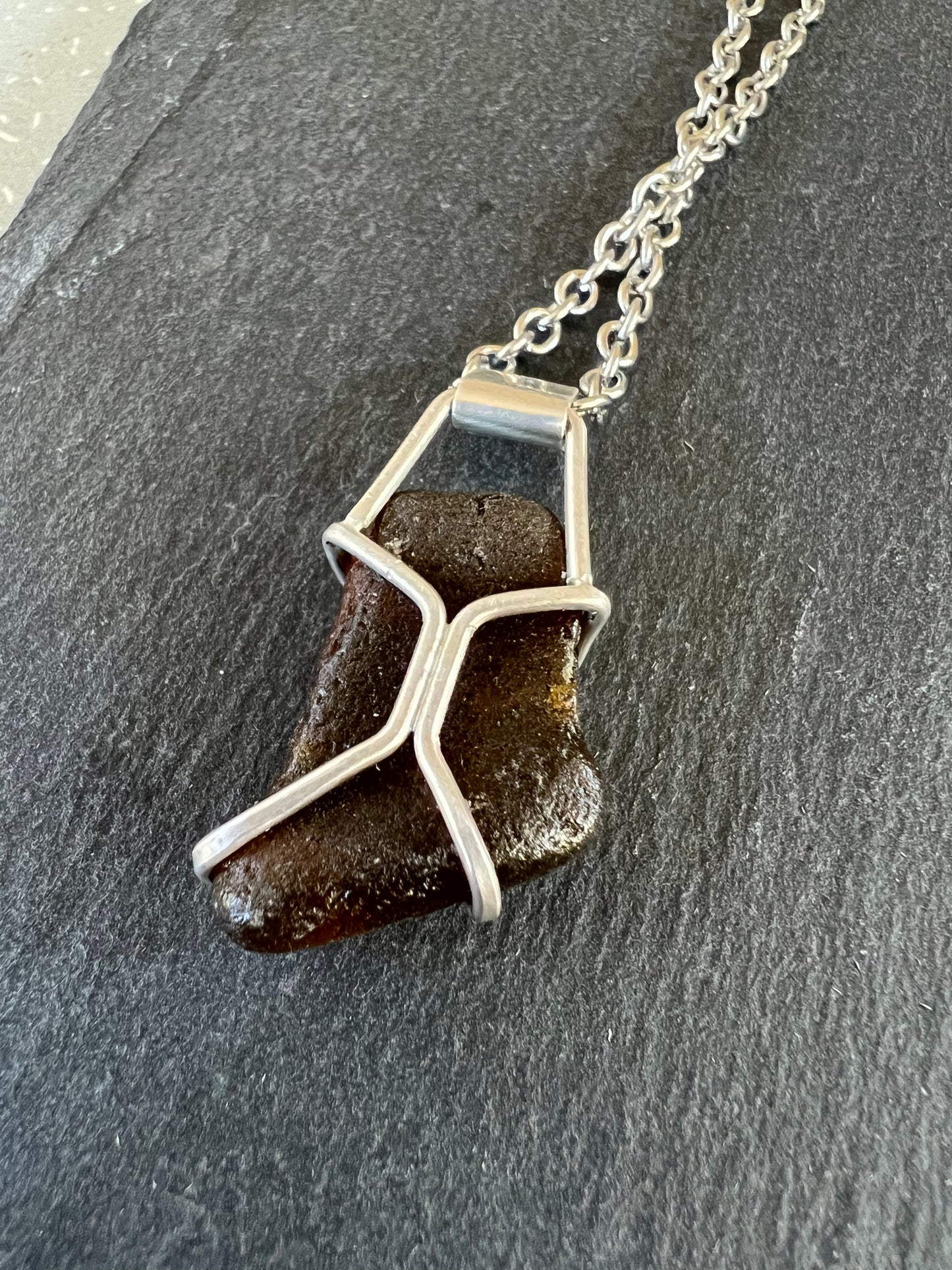 Sterling Silver Prong Pendant Necklace with Oregon Coast Root Beer Sea Glass