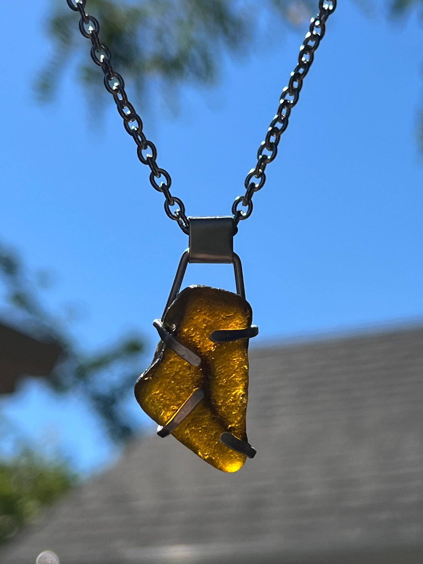 Sterling Silver Prong Pendant Necklace with Oregon Coast Root Beer Sea Glass